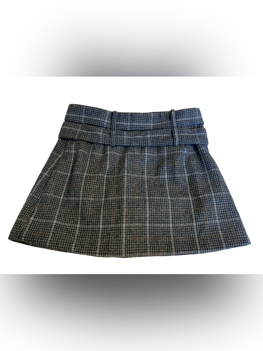 WUUUS Grey Plaid Wool Blend Mini Skirt With Belt Detail | Size‎ Small